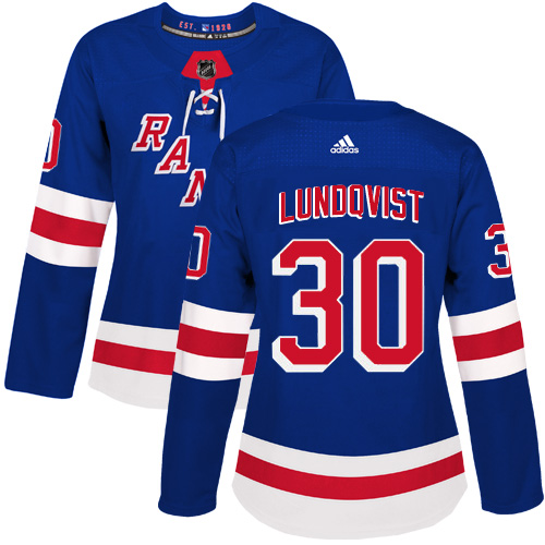 Adidas Rangers #30 Henrik Lundqvist Royal Blue Home Authentic Women's Stitched NHL Jersey - Click Image to Close